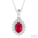 1/8 Ctw Round Cut Diamond and Oval Cut 6x4mm Ruby Center Sunflower Precious Pendant in 10K White Gold with chain