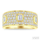 1 1/2 Ctw 3-Stone Emerald and Round Cut Diamond Fashion Wide Band in 14K Yellow Gold
