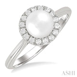 6 MM White Cultured Pearl and 1/6 Ctw Round Cut Diamond Halo Ring in 14K White Gold