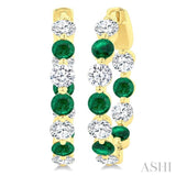 3.3 MM Round Cut Emerald and 1 5/8 Ctw Round Cut Diamond Precious Inside-Out Alternating Hoop Earrings in 14K Yellow Gold