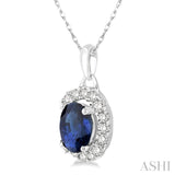 6x4 MM Oval Cut Sapphire and 1/6 Ctw Round Cut Diamond Precious Pendant in 14K White Gold with Chain