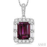 7x5 MM Emerald Cut Rhodolite Garnet and 1/3 Ctw Diamond Semi-Precious Pendant in 14K White Gold with Chain