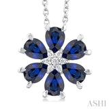 4X3 MM Floral Pear Cut Sapphire and 1/50 Ctw Round Cut Diamond Precious Pendant With Chain in 14K White Gold