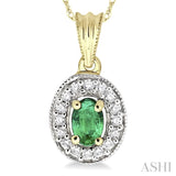 6x4 MM Oval Cut Emerald and 1/5 Ctw Round Cut Diamond Pendant in 14K Yellow Gold with Chain