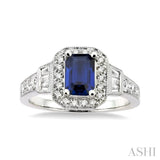 6x4 MM Emerald Shape Sapphire and 1/4 Ctw Round and Baguette Cut Diamond Ring in 14K White Gold