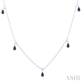 5x3 MM Pear Shape Sapphire and 1/4 ctw Round Cut Diamonds Precious Station Necklace in 10K White Gold