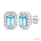 5x3 MM Octagonal Shape Aquamarine and 1/8 Ctw Single Cut Diamond Halo Semi-Precious Stud Earrings in 10K White Gold