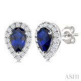 5x3 MM Pear Shape Sapphire and 1/8 Ctw Single Cut Diamond Halo Precious Stud Earrings in 10K White Gold