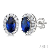 5x3 MM Oval Shape Sapphire and 1/8 Ctw Single Cut Diamond Halo Precious Stud Earrings in 10K White Gold