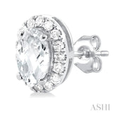 5x3 MM Oval Shape White Topaz and 1/8 Ctw Single Cut Diamond Halo Semi-Precious Stud Earrings in 14K White Gold