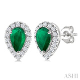 5x3 MM Pear Shape Emerald and 1/8 Ctw Single Cut Diamond Halo Precious Stud Earrings in 10K White Gold