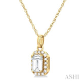 5x3 MM Octagonal Shape White Topaz and 1/20 Ctw Single Cut Diamond Halo Semi-Precious Pendant with Chain in 14K Yellow Gold