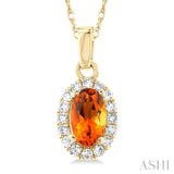 5x3 MM Oval Shape Citrine and 1/20 Ctw Single Cut Diamond Halo Semi-Precious Pendant with Chain in 10K Yellow Gold