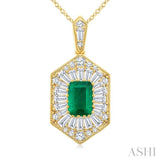 1/2 Ctw Art Deco Hexagon 6X4MM Octagon Shape Emerald, Baguette and Round Cut Diamond Precious Pendant With Chain in 14K Yellow Gold