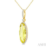 16X6 MM Evoque Gemstones Oval Shape Lemon Quartz and 1/5 Ctw Round Cut Diamond Semi-Precious Pendant With Chain in 10K Yellow Gold