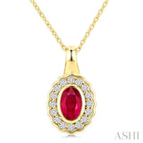 6X4 MM Oval Shape Ruby and 1/6 Ctw Round Cut Diamond Bold Precious Pendant With Chain in 10K Yellow Gold