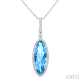 16X6 MM Oval Shape Blue Topaz and 1/5 Ctw Round Cut Diamond Semi-Precious Pendant With Chain in 10K White Gold