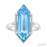 22X8 MM Evoque Gemstones Hexagon Shape Blue Topaz and 1/10 Ctw Round Cut Diamond Semi-Precious Ring in 14K White Gold