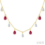 6X4 MM Pear Shape Ruby and 1 Ctw Pear Cut Diamond Precious Station Necklace in 14K Yellow Gold