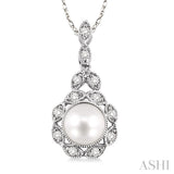 6.5 MM Cultured Pearl and 1/10 Ctw Single Cut Diamond Pendant in 10K White Gold with Chain