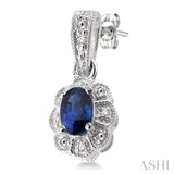 5x3 MM Oval Cut Sapphire and 1/20 Ctw Single Cut Diamond Earrings in Sterling Silver