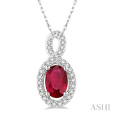 6x4 MM Oval Cut Ruby and 1/10 Ctw Round Cut Diamond Pendant in 14K White Gold with Chain