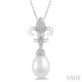 9X7 MM Drop Shape Cultured Pearl and 1/10 Ctw Round Cut Diamond Fleur De Lis Pendant With Chain in 10K White Gold