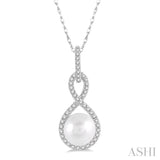 7x7 MM Round Shape Cultured Pearl and 1/6 ctw Twisted Loop Round Cut Diamond Pendant With Chain in 10K White Gold