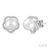 7MM Cultured Pearls and 1/5 Ctw Single Cut Diamond Earrings in 14K White Gold