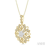 5/8 Ctw Floral Lattice Two Tone Cushion Shape Center Lovebright Round Cut Diamond Pendant With Chain in 14K Yellow and White Gold