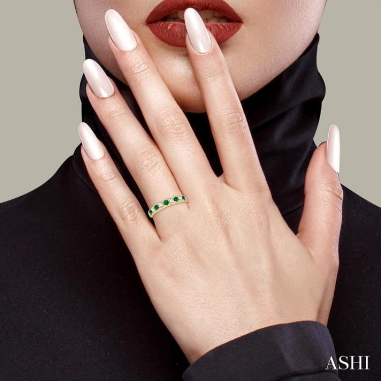 MM Emerald and 3/8 ctw Round Cut Diamond Precious Wedding Band in 14K Yellow Gold