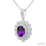 8X6 MM Oval Cut Amethyst and 1/20 ctw Round Cut Diamond Semi Precious Pendant With Chain in Sterling Silver