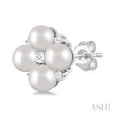 4 MM Round Shape Floral Cultured Pearls and 1/10 Ctw Round Cut Diamond Fashion Stud Earring in 10K White Gold