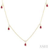 5x3 MM Pear Shape Ruby and 1/4 Ctw Round Cut Diamonds Precious Station Necklace in 14K Yellow Gold