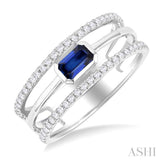 5x3 MM East- West Emerald Shape Sapphire and 1/4 ctw Single Cut Diamond Triple Split Precious Ring in 10K White Gold