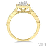 3/8 ctw Emerald Shape Round Cut and Baguette Diamond Fusion Engagement Ring in 14K Yellow and White Gold