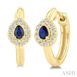 4X3 MM Pear Cut Sapphire and 1/10 Ctw Petite Round Cut Halo Diamond Fashion Huggies in 10K Yellow Gold