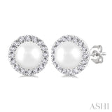 4.5 MM White Cultured Pearl and 1/8 Ctw Round Cut Diamond Halo Stud Earrings in 10K White Gold