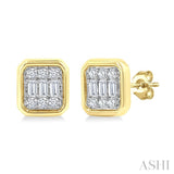 1/5 Ctw Petite Bezel Set Emerald Shape Fusion Baguette and Round Cut Diamond Fashion Stud Earring in 10K Yellow Gold