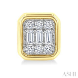 1/5 Ctw Petite Bezel Set Emerald Shape Fusion Baguette and Round Cut Diamond Fashion Stud Earring in 10K Yellow Gold