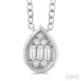1/6 Ctw Petite Bezel Set Pear Shape Fusion Baguette and Round Cut Diamond Fashion Pendant With Chain in 10K White Gold