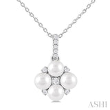 4 MM Floral Round Shape Cultured Pearl and 1/10 Ctw Round Cut Diamond Fashion Pendant With Chain in 10K White Gold