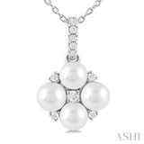 4 MM Floral Round Shape Cultured Pearl and 1/10 Ctw Round Cut Diamond Fashion Pendant With Chain in 10K White Gold