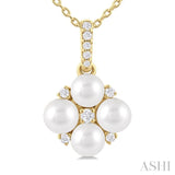 4 MM Floral Round Shape Cultured Pearl and 1/10 Ctw Round Cut Diamond Fashion Pendant With Chain in 10K Yellow Gold