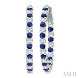 2.1 MM Round Sapphire and 1 Ctw Round Cut Diamond Inside & Outside Alternating Precious Hoop Earrings in 14K White Gold