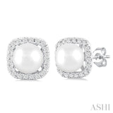 5 MM Cushion-Shaped Cultured Pearl and 1/8 Ctw Petite Round Cut Diamond Halo Stud Earring in 10K White Gold