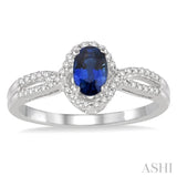 6x4 MM Oval Cut Sapphire and 1/6 Ctw Round Cut Diamond Ring in 14K White Gold