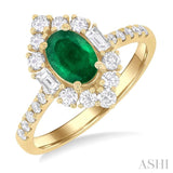 7X5MM Oval Cut Emerald & 5/8 ctw Baguette and Round Cut Diamond Halo Precious Ring in 14K Yellow Gold