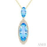 18x8 MM & 10x5 MM Oval Cut Blue Topaz and 1/3 Ctw Round Cut Diamond Halo Semi-Precious Pendant With Chain in 14K Yellow Gold