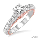 7/8 Ctw Diamond Engagement Ring with 1/2 Ct Round Cut Center Stone in 14K White and Rose Gold